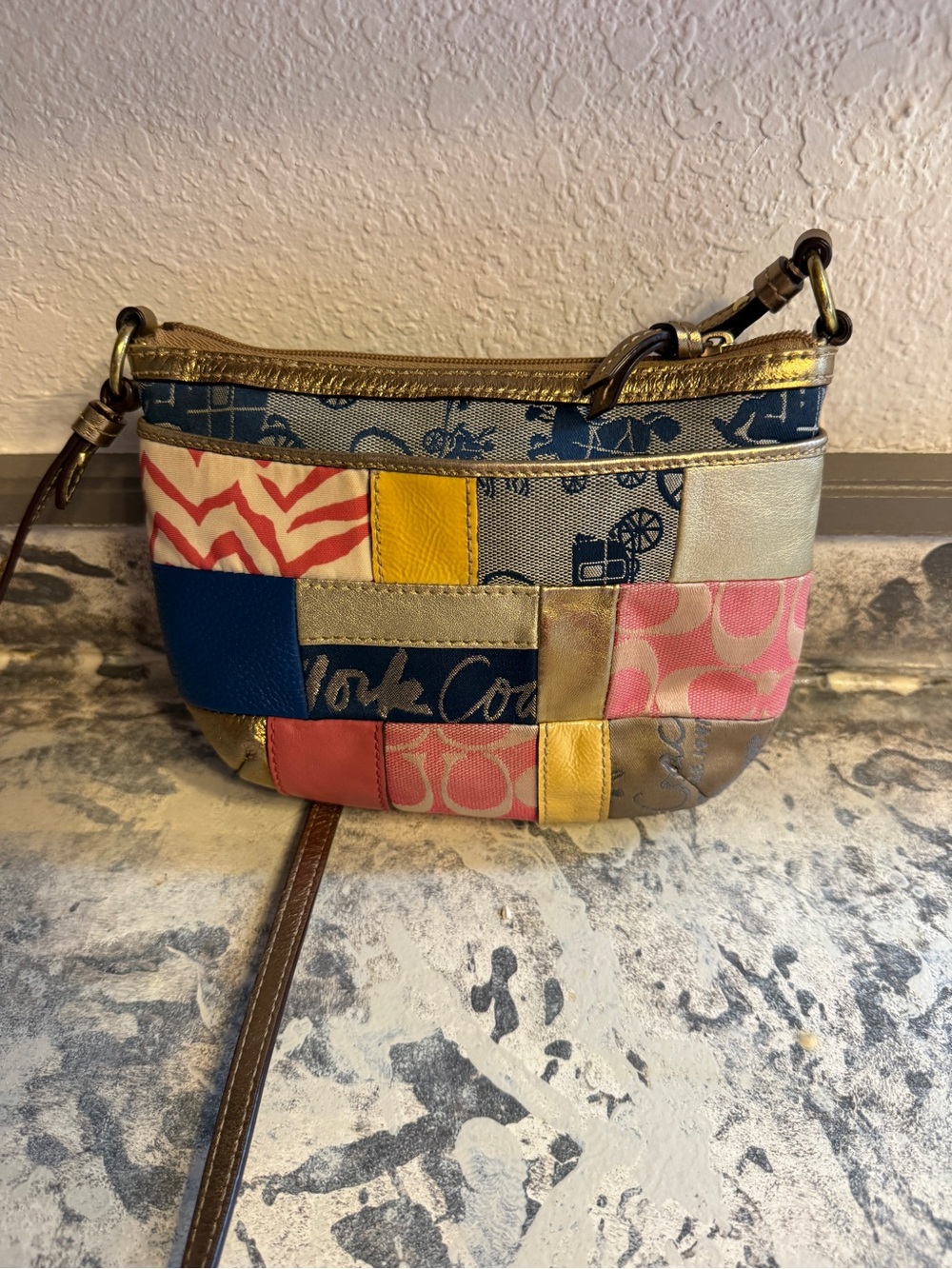 Coach Colorblock Patchwork Crossbody in Blue, Pink, Yellow, Gold, Brown